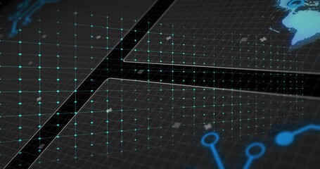 Poster - Glowing pulse line oscillating across grid initiating 3D globe and nodes rising visualizing data
