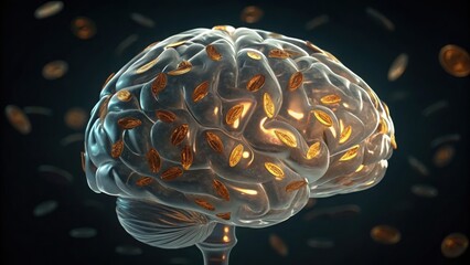 Leinwandbilder - Glass Brain Sculpture with Golden Elements Floating Around