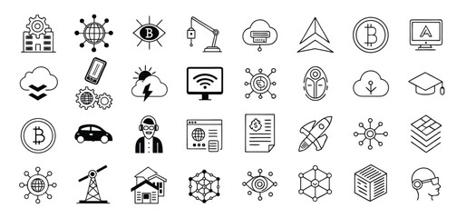 Poster - Modern technology icons and symbols representing finance business and communication concepts in outline style