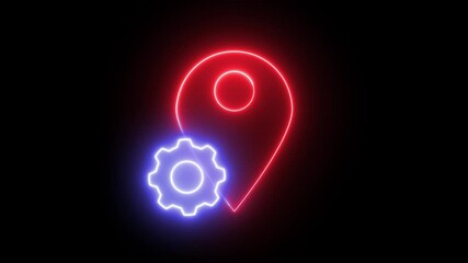 Poster - Animated neon icon of a locator pin and a gear, black background