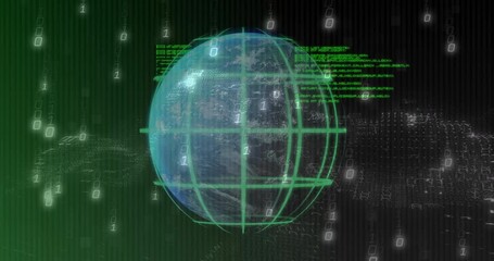 Poster - When animation starts digital globe rotating with binary rain and scrolling code forming network