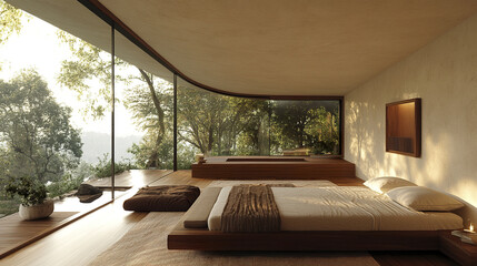 Poster - Cozy minimalist bedroom with natural light and wooden accents, creating serene atmosphere