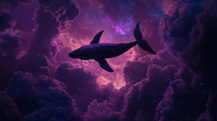 Wall Mural - a whale silhouette soars through a vibrant purple nebula, surrounded by fluffy clouds and sparkling 