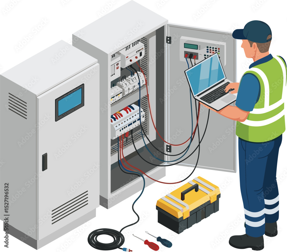 Electrical technician fixing a PLC control cabinet in a smart factory ...