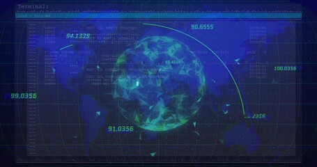 Poster - Scrolling code initiating globe emerging, animating arcs linking continents for data flow