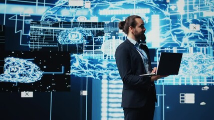 Poster - Businessman exploring deep learning and big data connectivity in high tech environment, exploring futurist concepts and programming with smart tools for intelligent development. Camera B.