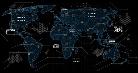 Poster - Blue outline tracing map initiating fading icons expanding honeycomb links showing global data flow