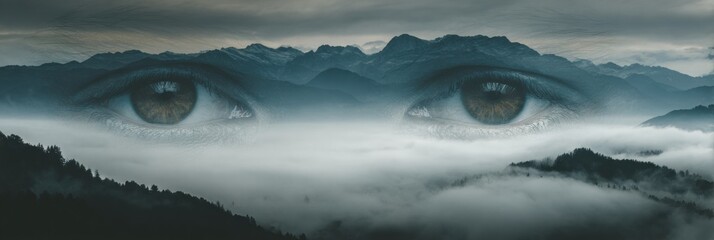 Poster - Eyes Gaze Towards Distant Mountains, Embodying the Spirit of Long Vision Amidst a Clear Top Zone Under a Cloudy Sky
