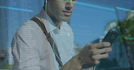 Poster - Man tapping smartphone screen on city sidewalk, activating live code technology overlay