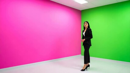 Poster - Stylish woman posing in a vibrant pink and green room with modern decor and bright accents