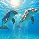 Two dolphins gracefully swim in crystal-clear water, sunlight streams down, creating a vibrant underwater scene