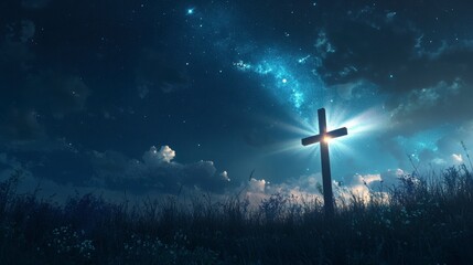 Wall Mural - silhouette of a cross glowing at night with stars and grass.