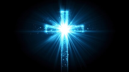 Poster - Glowing blue cross with bright light rays on black background.