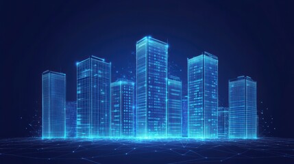 Poster - Futuristic city skyline, digital buildings, glowing lines, network connection, abstract cityscape.