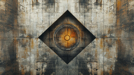 Poster - striking geometric design featuring circular element within diamond shape, set against textured