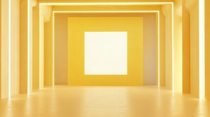 Poster - Yellow illuminated hallway with blank square panel.