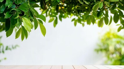 Poster - Bright tabletop with lush green leaves, showcasing natural light and clean white background creating an organic aesthetic.