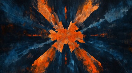 Poster - Abstract art with orange and blue hues creating a radial burst effect.