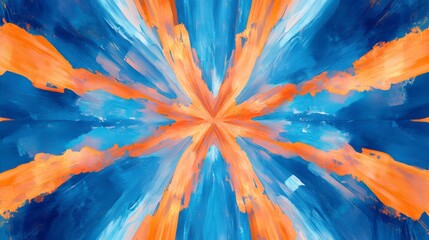 Poster - Abstract art with blue and orange brush strokes creating a radial, symmetrical pattern.