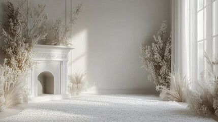 Poster - serene white and gray bedroom interior featuring fireplace, soft carpet, and decorative plants