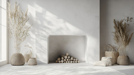 Poster - serene and minimalist interior featuring fireplace, natural decor, and soft textures