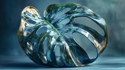 Poster - Close-up of a large, dark teal monstera leaf with unique texture and lighting against a blurred blue background.