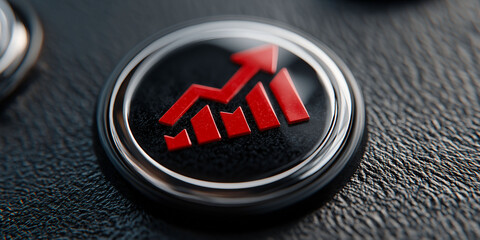 Poster - A glossy black circular badge with a red upward-pointing arrow icon and a line graph, representing growth or progress, 