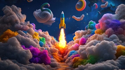 Aufkleber - Rocket with bold colors soaring into a cosmic sky, illuminated swirls of clouds trailing behind in dramatic contrast.
