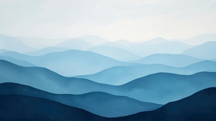 Wall Mural - serene blue mountain range landscape, layered hills, hazy sky, peaceful scenery, nature background.