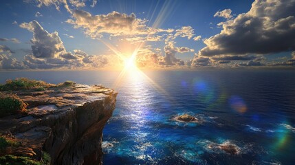Poster - High cliff overlooking ocean cove, sunlight dancing on water surface