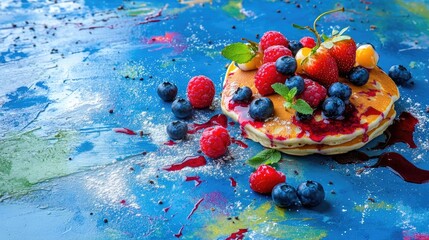 Poster - Gourmet pancake dish with blueberries and berry drizzle on a bold blue surface