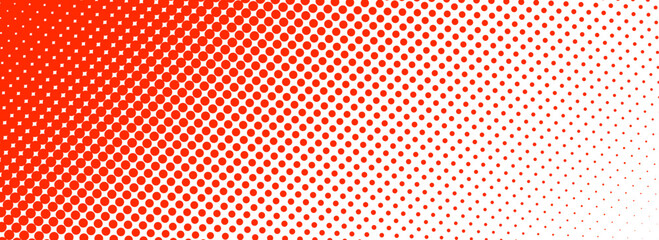 Poster - Red halftone corner gradient texture. Fading cartoon polka dot background. Dotted tilted gradation pattern. Fading comic pop art overlay backdrop. Vector slant frame halfton patern effect wallpaper