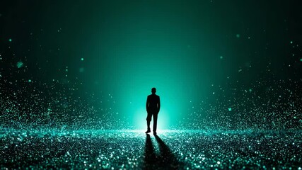 Poster - Man standing in dark room illuminated by green light casting shadows on the floor below