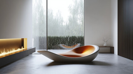 Poster - modern interior scene featuring sleek, curved sofa and cozy fireplace, creating serene