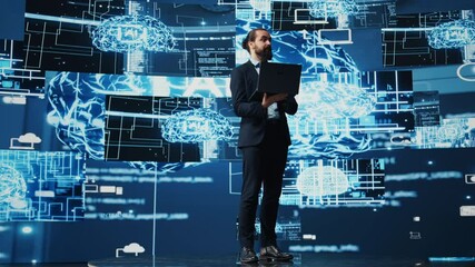 Poster - Engineer studying AI brain for data structures and predictive analytics, highlighting smart technology and deep learning for innovation and productivity. Algorithmic thinking. Camera B.