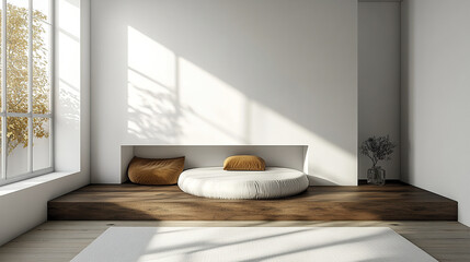 Poster - serene interior scene featuring minimalist design with circular cushion and natural light
