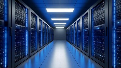Poster - Server Room with Blue Lights: Data Center Corridor with Rows of Rack Mounted Servers