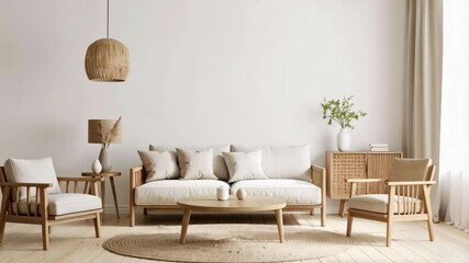 Poster - Bright interior setup featuring a sofa with cushions, accent chairs, table, cabinet, pendant lamp, and beige color scheme in a modern living room.