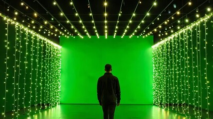 Poster - A man walking through a tunnel illuminated by vibrant green lights in a dimly lit room