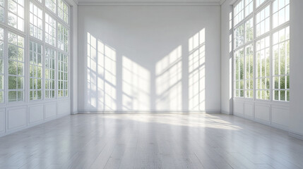 Poster - Bright, spacious, empty room with large windows and natural light creating shadows
