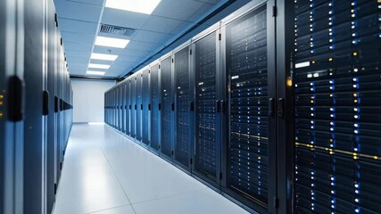 Poster - Data center corridor with rows of server racks and blinking lights in a clean, secure facility for cloud computing and storage.