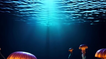 Poster - Glowing Jellyfish Floating Underwater in Dark Ocean, Jellyfish Tentacles Moving
