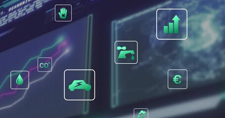 Poster - Upon interface launch, floating teal icons appearing, shifting and visualizing eco metrics