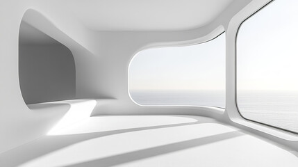 Poster - bright, modern interior with large windows showcasing serene ocean view. minimalist design