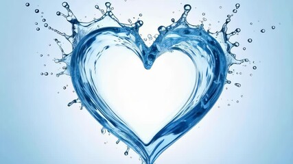 Poster - Heart shape made of splashing clear water with drops on a light blue gradient background, showing love concept
