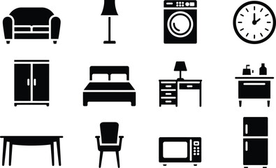 Poster - Collection of modern minimalist black and white home furniture icons in a clean design