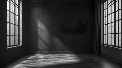Poster - dark living room interior with large windows casting shadows