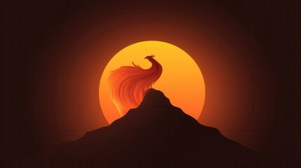 Poster - Silhouette of a bird on a mountaintop at sunset.