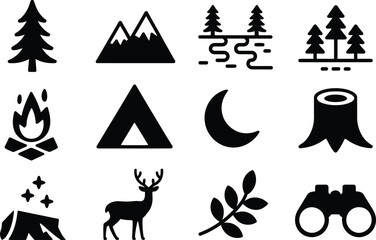 Poster - Camping and nature icons silhouettes representing adventure outdoor exploration and forest scenes