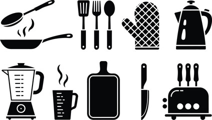 Poster - A collection of illustrated black kitchen utensils and appliances for cooking and food preparation